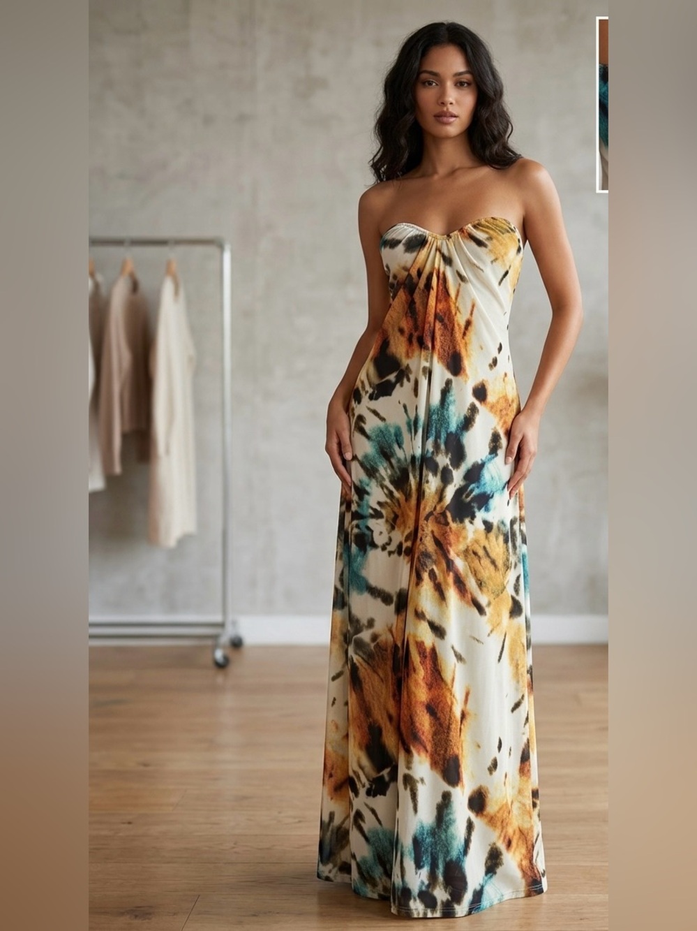 Zara Strapless Tie-Dye Maxi Dress in Cream, Teal & Mustard